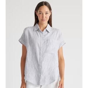 Quince 100% European Linen Camp Shirt, Pinstripe Blue, XL
